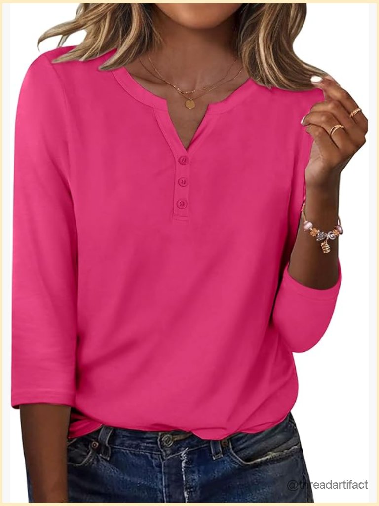 3/4 Sleeve Henley Neck Blouse Casual Dressy Summer Work T-Shirt
